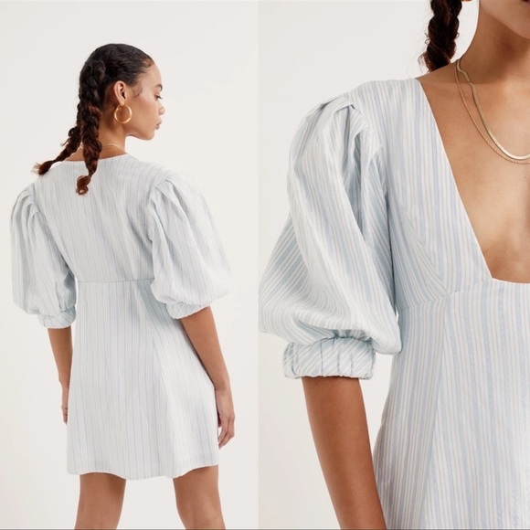 NWT For Love and Lemons Leslie Mini Dress Light Blue Size XS Metallic Stripe - Picture 9 of 10